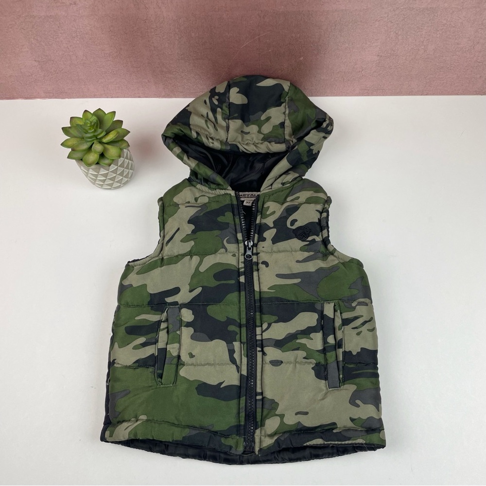 David Bitton Buffalo Green Camouflage Full Zip Puffer Vest Hoodie Boy Size 3T